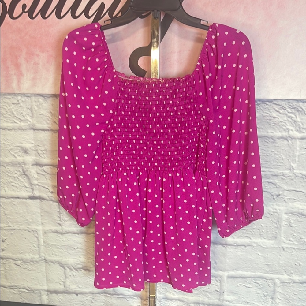Trendy Hot Pink Polka Dot Smocked Blouse Babydoll Size M 3/4 Sleeves Square Neck